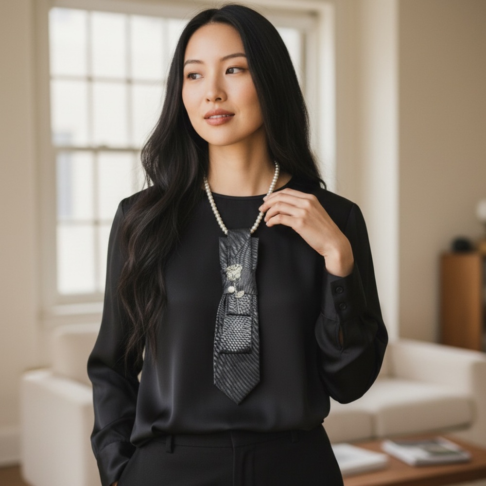 “Dainty Dapper”Elegant Black Tie necklace with Silver long stem rose brooch